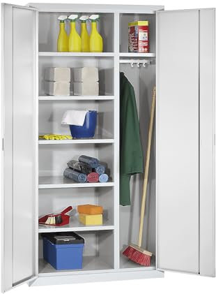 eurokraft | Putzmittelschrank | 6 Fachböden | 1 Kleiderstange | Tiefe 400 mm | lichtgrau