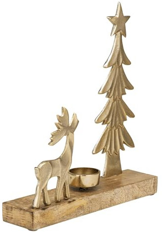 EGLO LIVING Teelichthalter mit Deko Rentier Baliguian, Weihnachtsdeko Fensterbank Wohnzimmer, Tischdeko Weihnachten Hirsch Weihnachtsbaum, Holz und Metall in Gold, 25 x 27 cm