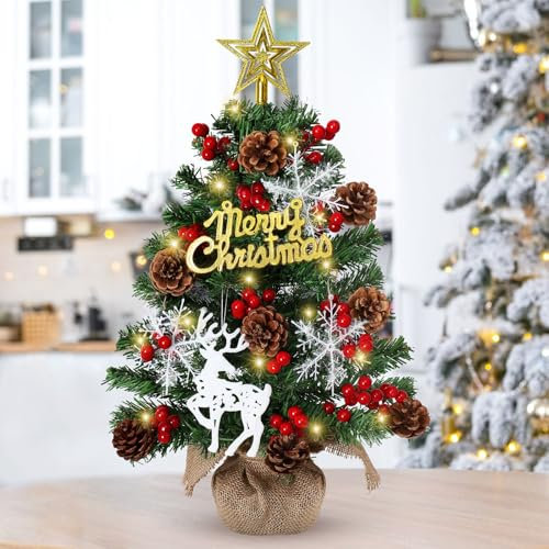 DEMIUKO 60CM Mini Artificial Pine Christmas Tree with LED Lights, Pre-Lit Tabletop Xmas Pine Tree with Star Topper, Berry Ornaments for Holiday Indoor DIY Decor