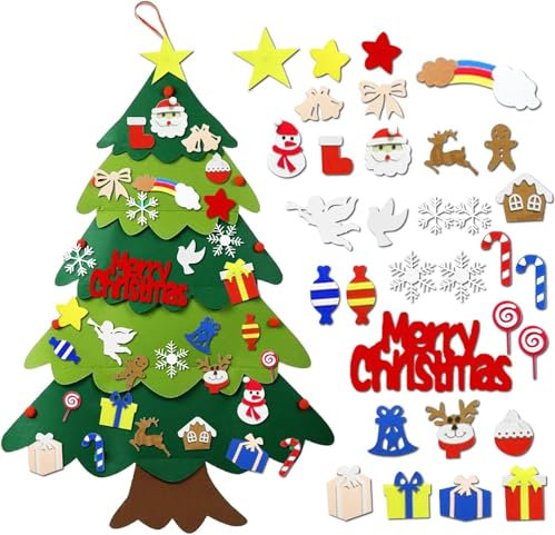 SPORWAY Albero di Natale in feltro: albero di Natale fai da te in feltro per bambini, set di 32 decorazioni natalizie rimovibili, decorazioni natalizie da parete