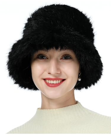 sy soul young Damen Winte Kunstpelz Plüsch Bucket Hat Wintermütze Fischerhüte Cloche Hut Pelz Warme Fischer Cap(Schwarz)