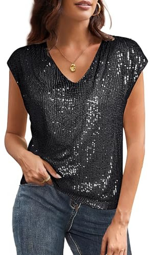 Damen Glitzer Shirt Kurzarm Oberteile Glänzend Pailletten Tops Elegant Festlich Tunika Bluse Weihanchten Party Schwarz M