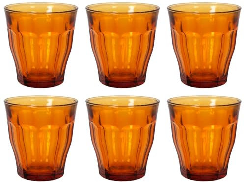 Tradineur - Caja de 6 Vasos Modelo Le Picardie Ámbar - Capacidad de 25 CL (8 3/8 Oz) - Fabricado en Vidrio Resistente - Apto para lavavajillas - Tamaño Aprox: Ø 9 x 8,6 cm