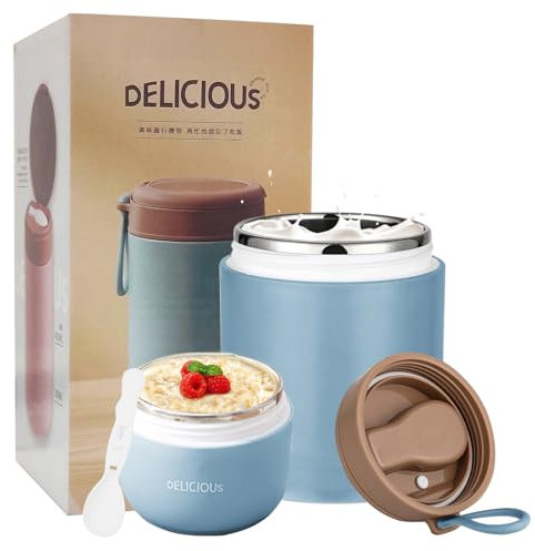 Chedin Müslibecher To Go mit Deckel, Edelstahl Porridge Becher 730ml Auslaufsicher joghurtbecher to go mit löffel und Deckel,Doppelschicht Auslaufsicherer Einmachgläser perfekt für Arbeit (Blau)