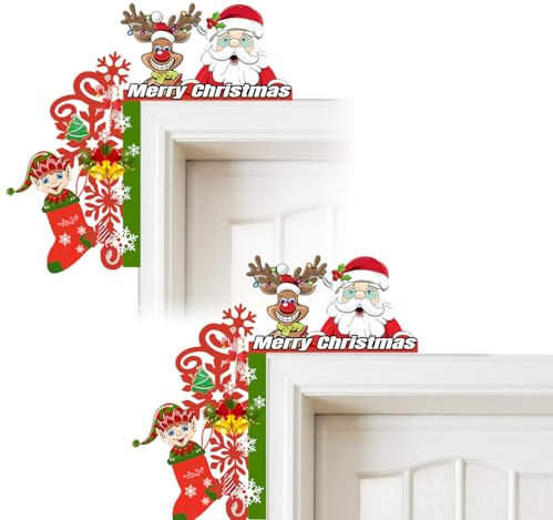 Nouiroy - 2 adesivi decorativi natalizi per porta, con Babbo Natale, renna, decalcomania autoadesiva per telaio della porta, cartello angolare per porta di Natale, decorazione per camera da letto e