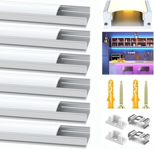 VEANANO LED Profil, 6 Pack 3.3ft/1m Aluminium Profil U-Form mit Weiß Milchige Abdeckung Endkappen und Montageklammer für Led-Streifen, Kanäle für LED Strips/Band bis 12 mm inkl