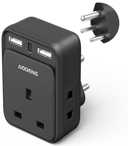 AODENG UK to India Plug Adapter, Grounded India Travel Adapter with 3 USB Ports 32W USB C Fast Travel Charger, Travel Adaptor Plug UK to india for india Pakistan, Sri Lanka, Yemen(Type D)