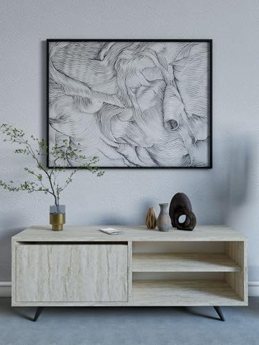 Hanah Home Stylish TV Stand with Marble Concept, Travertine Color, 120 cm Wide | 100% Melamine Coated Particle Board, 18 mm Thick | Wall-Mountable, Multiple Shelves