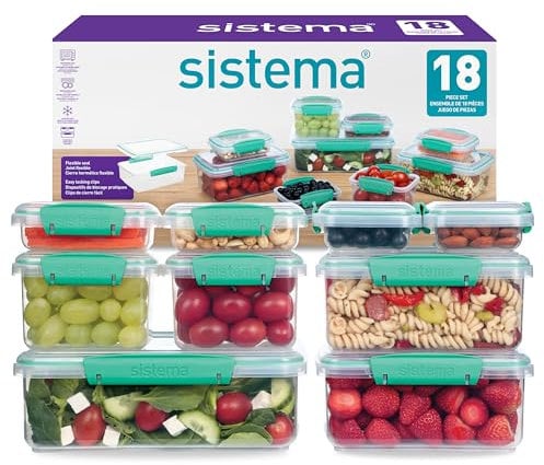 Sistema KLIP IT Food Storage Containers | Airtight & Stackable Meal Prep Containers with Lids | School Lunch Boxes & Snack Boxes | BPA-Free | 18 Count (9 Containers & Lids)