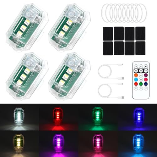 4 Stück Strobe Drone Light, Drahtloses Auto LED-Blitzlichter mit Fernbedienung, 8 Farben Hochhelle LED-Flugzeug-Blitzlicht und USB-Aufladung, Drohnen Antikollisionslichter für Auto, Motorrad.