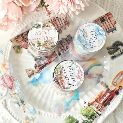Scrapbooking Zubehör Stickers Set,3 Rolls PET Transparent Asthetische Tape,Vintage Washi Tape for Scrapbook,Junk Journaling, Bullet Journal,DIY Crafts,Lesezeichen(Scrapbooking Tape Stickers6)