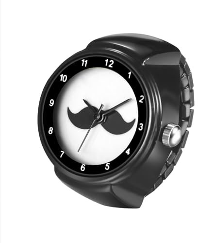 JewelryWe Ringuhr Fingeruhr Elastische Uhr: Einfacher Schwarz Schnurrbart Bart Analog Quarz Fingerringuhr Schwarz Edelstahl Stretch Band Ring Uhr mit Zugband für Damen Herren Unisex