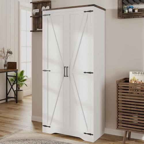 Befrases Farmhouse Storage Cabinet with Adjustable Shelves, Large Pantry Organize with 2 Barn Doors, Freestanding Cabinet for Kitchen, Garage, Basement, Living, Utility Room, Off-White
