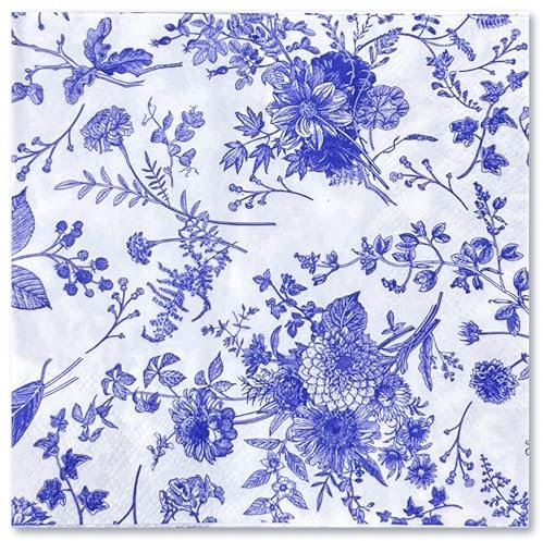 RUSPEPA Lot de 25 serviettes de cocktail à motif floral bleu - Serviettes en papier toile bleue et blanche pour fête prénatale et de mariage, goûter, fête de jardin (12,7 x 12,7 cm) 5 x 5 po