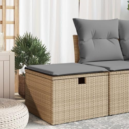 SDWEHO7 Gartensessel, Gartenhocker, UV-beständig, Ottomanen, Balkon Hocker, Lounge Sitzhocker mit Kissen und Stauraum für Garten, Terrasse und Innenhof, Beige 55x55x37 cm Poly Rattan