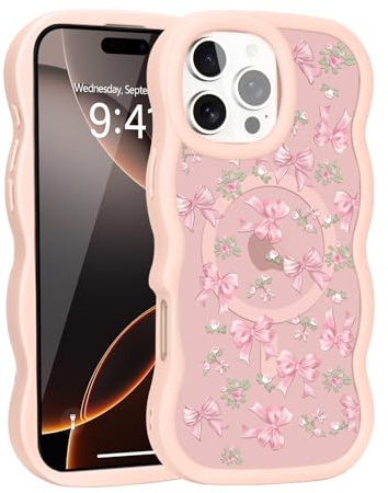 Teageo Magnetic Case for iPhone 16 Pro Max, Pink Frame, Rose bow | Compatible with MagSafe, Fashion Phone Case, Non-slip Bow Pattern, Cute for Women Girls, Wave Frame