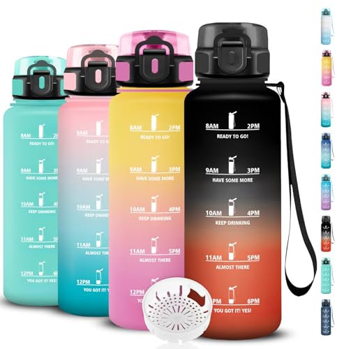 Botella Agua, Botella Agua 1.5 litros con Marca de Tiempo, Cantimplora Infantil Deporte, a Prueba de Fugas, Fácil de Transportar, Cantimplora para Oficina, Camping, Viajar, Bicicleta, Running, Gym