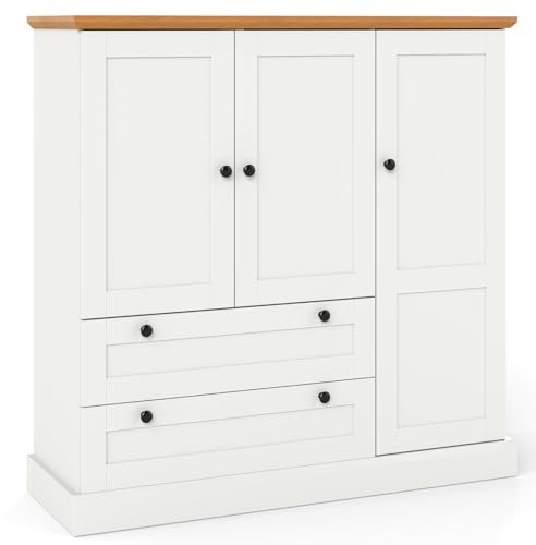 TANGZON Buffet Sideboard, 120 x 40 x 120cm Storage Cabinet with 3 Doors, Removable Shelf & 2 Drawers, Freestanding Wooden Kitchen Cupboard Organiser for Dining Living Room Hallway, White
