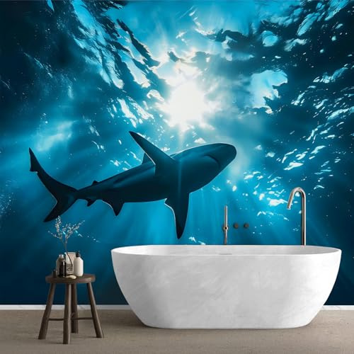 QEODAH 3D Tapete Hai Schlafzimmer, Fototapete Unterwasser, Vliestapete Blau, Tapeten Wohnzimmer Muster, Wasser Meerestiere Wand Deko Kinderzimmer, Wandtapete, Mustertapete Vlies 150x105 cm
