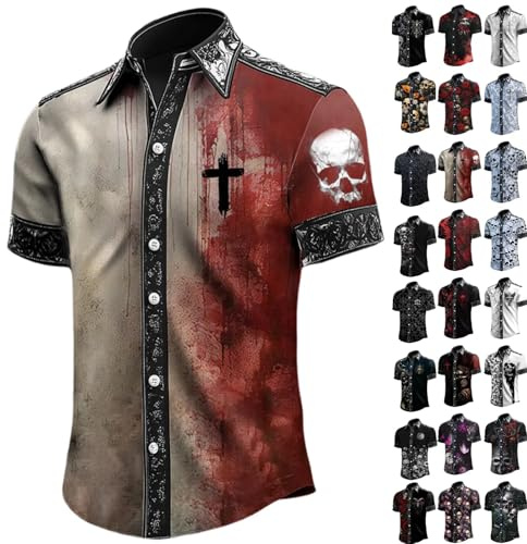 Halloween Hemd Herren Sommerhemd Entsetzen Totenkopf Bedruckte Bluse Revers Knopf Kurzarm T Shirt Gothic Blutspritzer Muster Oberteile Lustig Festival Outfit Freizeithemd Karneval Party Kostüm