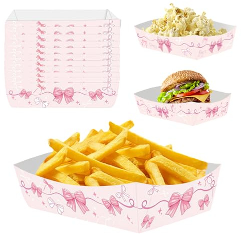 Komergave 24 Pcs Pink Bow Party Food Trays, Pink Patterned Paper Food Trays for Cinema, Birthday Parties, Wedding Events, Grease Resistant Disposable Serving Paper Trays for Party Supplies