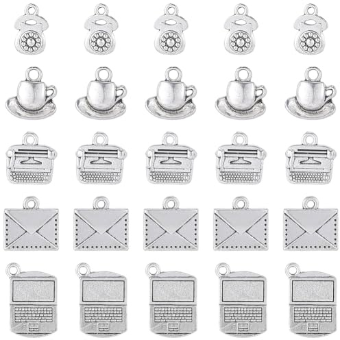 SUNNYCLUE 1 Schachtel Mit 50 Stück Telefon Förmigen Anhängern Retro Armbandanhänger Antiksilber Büro Post Laptop Schreibmaschine Kaffeetasse Tibetischer Vintage Stil Legierungsanhänger Für Schmuck Hal