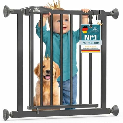 KIDIZ Treppenschutzgitter ohne Bohren | Verstellbare Breite: 74-80 cm, 75 cm hoch, Türschutzgitter und Absperrgitter für Kinder und Hunde, Beidseitige Einhand Öffnung, 90° Open-Stop System, Anthrazit