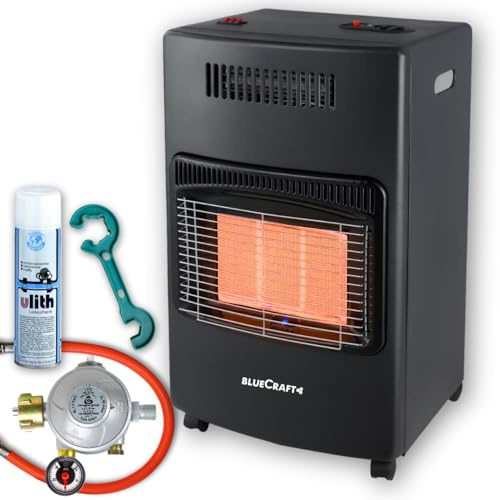 Bluecraft Heizofen Gas + Gasschlauch Haushaltsregler Gasregler Schlüssel | 4,2 kW Gasheizofen für Innenräume, Infrarot Heizstrahler, Gasheizer, Camping Heizung, Notheizung für Gasflasche 5kg 11kg