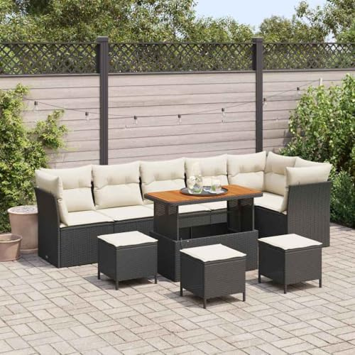 Holamys Garten-Sofa-Set 10-teilig Schwarz Poly-Rattan, Akazienholz, für 9 Personen, wetterfest, langlebiges Outdoor-Möbelset, modernes Terrassen-Sitzgruppen-Design für Balkon und Patio