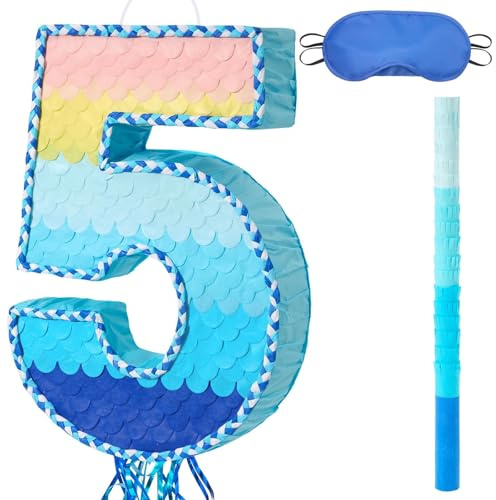 WERNNSAI Zahl 5 Piñata - 5. Geburtstagsdeko Regenbogen Zahl Piñata mit Augenbinde und Stock für 5. Geburtstagsparty 5 Jahre Jubiläumsdeko Fotorequisiten