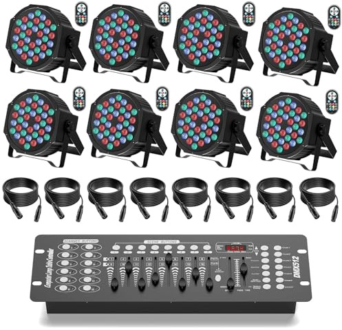 SEBRUANC 8PCS LED Par mit DMX Controller und DMX Kabel, RGB 36 LED Strahler Bühnenlicht mit Fernbedienung und Sound Aktivierung, Disco Licht für DJ Bar Hochzeit Geburtsta Party Festivals