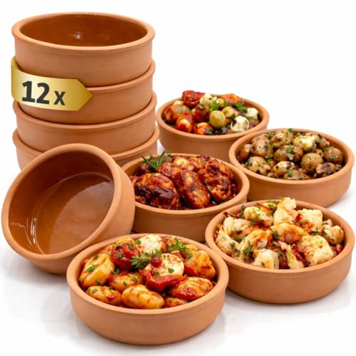 12er Set Tapas-Schalen Ø 11,5 cm – Spanische Cazuela Schälchen aus Ton 250 ml, Braun kleine Auflaufformen & Dessertschalen für Tapas, Fingerfood & Crème Brûlée