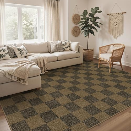 GENIMO Indoor Outdoor Teppich im Jute-Look, Karo-Stil, Waschbar, 200x290 cm | Strukturiertes Karodesign für Wohnzimmer und Küche, weich gepolstert, pflegeleicht, schnelltrocknend und rutschhemmend