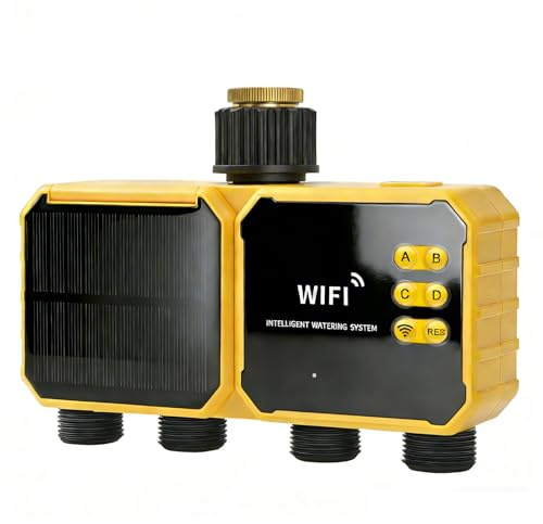 Oreilet Temporizador Riego Solar, 4 Zonas WiFi Controlador Válvula Agua Solar Inteligente Control Aplicación Sensor Lluvia Temporizador Agua para Patio Exterior Jardín Playas Patio