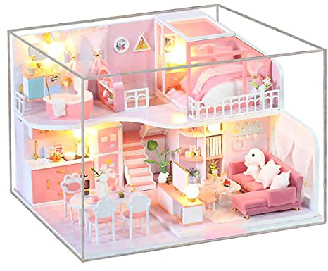 Domary Miniatur-Puppenhaus mit LED-Leuchten, Möbeln, Holzpuppenhaus, Kreative Geburtstage, Raumdekoration für und Freunde