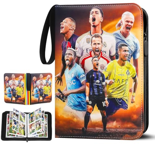 Sammelalbum Fußball, Kartenalbum bis zu 400 Karten für Sammler | Fußballkarten Album aus PU-Leder mit ReiBverschluss,4 Fächer 50 Seiten Karten Ordner, Geschenk für Kinder, Jungen, Mädchen
