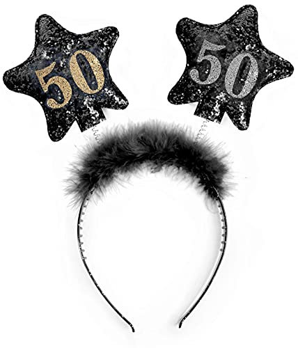 PartyDeco Stirnband mit Sternen und gedruckten Zahlen 50 Schwarz mit Fell Haarband für 50. Geburtstag Runde Geburtstag Gadgets Geburtstagsgeschenk Haarschmuck
