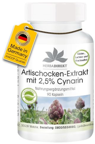 Carciofo In Capsule 350mg - 90 Capsule - Vegan - Estratto di succo di carciofo in polvere con il 2,5% di cinarina | HERBADIREKT by Warnke Vitalstoffe - Qualità da farmacia tedesca