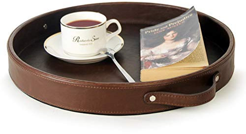 HofferRuffer Top Nocth PU Leather Round Serving Tray, Decorative Serving Tray with Handles, Coffee Tray, Ottoman Tray for Home Or Office, Diameter 14.6-inch, Brown