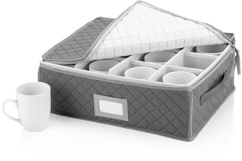 StackStorePlusMore China Cup Storage Chest - Quilted Fabric Container in Gray Measuring 16 x 13 x 6H - Perfect Storage Case for Coffee Cups - Tea Cups - Mugs