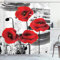 ABAKUHAUS Mohn Duschvorhang, Grunge Pinsel Blumen, Stoffliches Gewebe Badezimmerdekorationsset mit Haken, 175 x 220 cm, Vermilion Grau