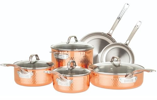 Viking Culinary 40581-9990C - Set di pentole in acciaio inox a 3 strati, rivestite in rame martellato