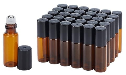 BENECREAT 30 PACK 5 ml Flacons a bouteilles en verre ambre Huiles essentielles Flacons a rouleaux avec billes en acier inoxydable pour huiles essentielles/autres liquides