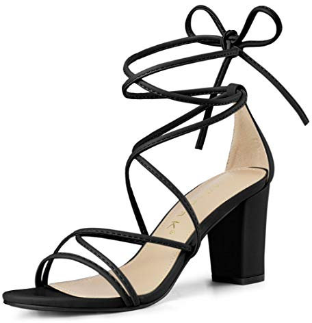 Allegra K Damen Sandalen mit Riemen zum Schnüren mit klobigem Absatz Schwarz 40