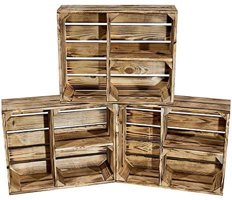 Kontorei geflammte/braune Holzkiste mit 3 Fächern 50cm x 40cm x 16cm 12er Set Obstkiste Regal Holzregal Kiste