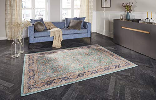 Elle Decoration Keshan Maschad Orientalischer Teppich - Kurzflor Vintage-Look Orientalisch Orient Klassischer Orientteppich für Wohnzimmer Esszimmer Flur oder Schlafzimmer Jade Grün, 80x150cm