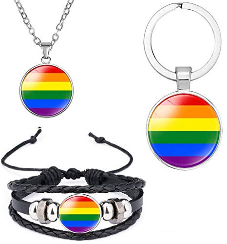 DEESSEPRO® 3 Stück LGBT Regenbogen Gay Pride Armband, Halskette und Schlüsselring, Geschenk für Gay Pride Day Feier
