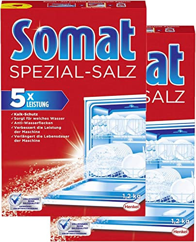 SOMAT 5-in-1 Special Salt in Storage Pack, Dishwasher Salt for Soft Water, Water Softener for Dishwasher Works Against Limescale for Shiny Results (2 x 1.2 kg)