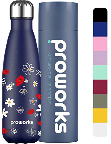 Proworks Edelstahl Trinkflasche | 24 Std. Kalt und 12 Std. Heiß - Premium Vakuum Wasserflasche - Isolierflasche für Sport, Laufen, Fahrrad, Yoga, Wandern und Camping - 1L - Blau - Margerite