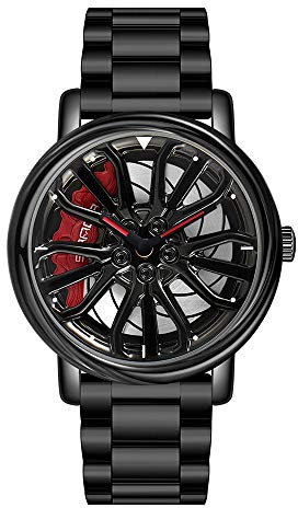 Reloj de cuarzo creativo 3D para hombre con ruedas de coche y correa de acero inoxidable, Negro 1., Tendencia